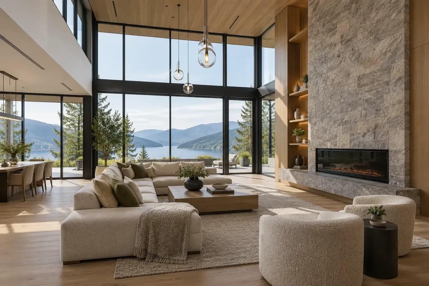 Illustrative luxury great room in a custom home with coordinated comfort, lighting, and electrical systems