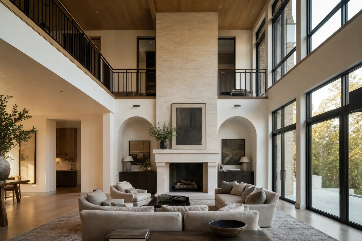 Double-height great room in a new Charlotte custom home with a warm wood ceiling, masonry fireplace, upper gallery, and tall windows