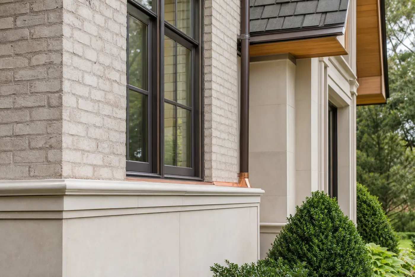 Close architectural view of pale brick, limestone, bronze windows, copper flashing, and a wood soffit meeting cleanly