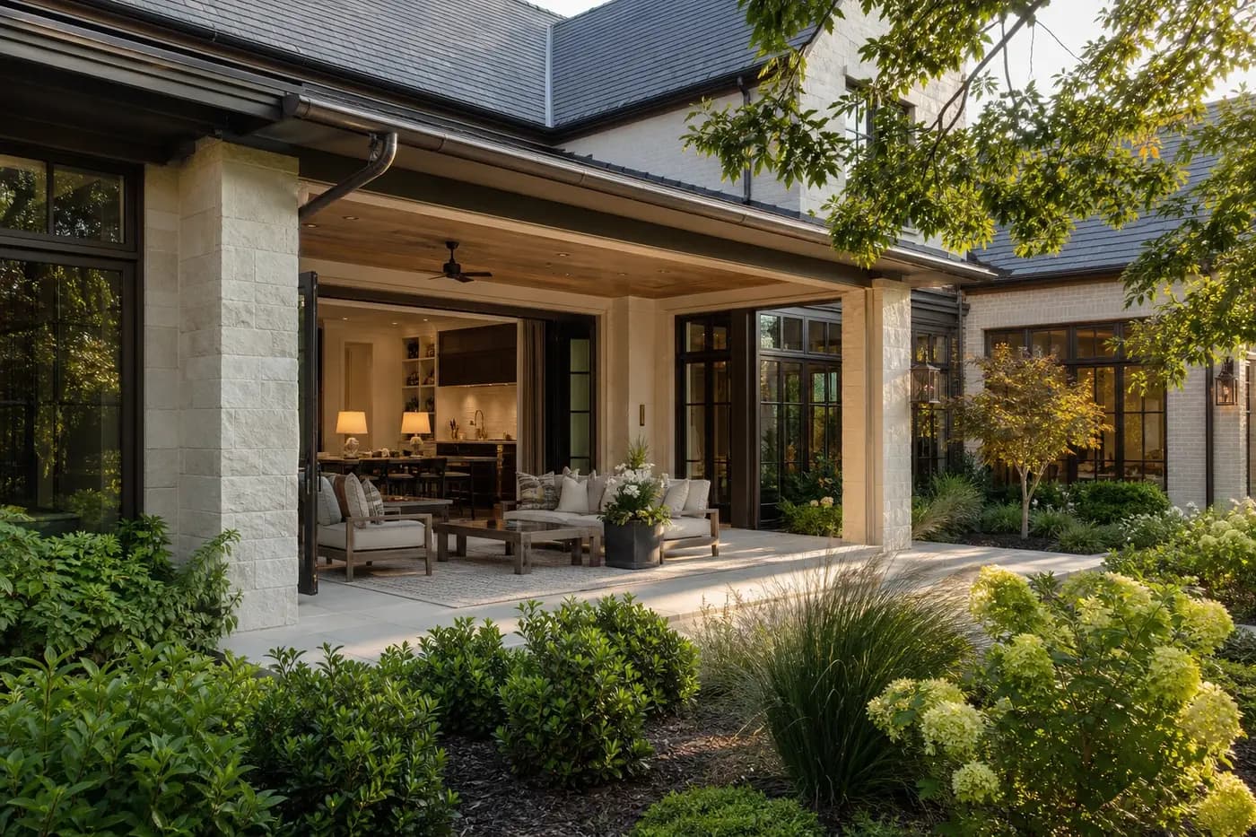 Luxury Charlotte custom home with a covered garden terrace connected to the kitchen and great room