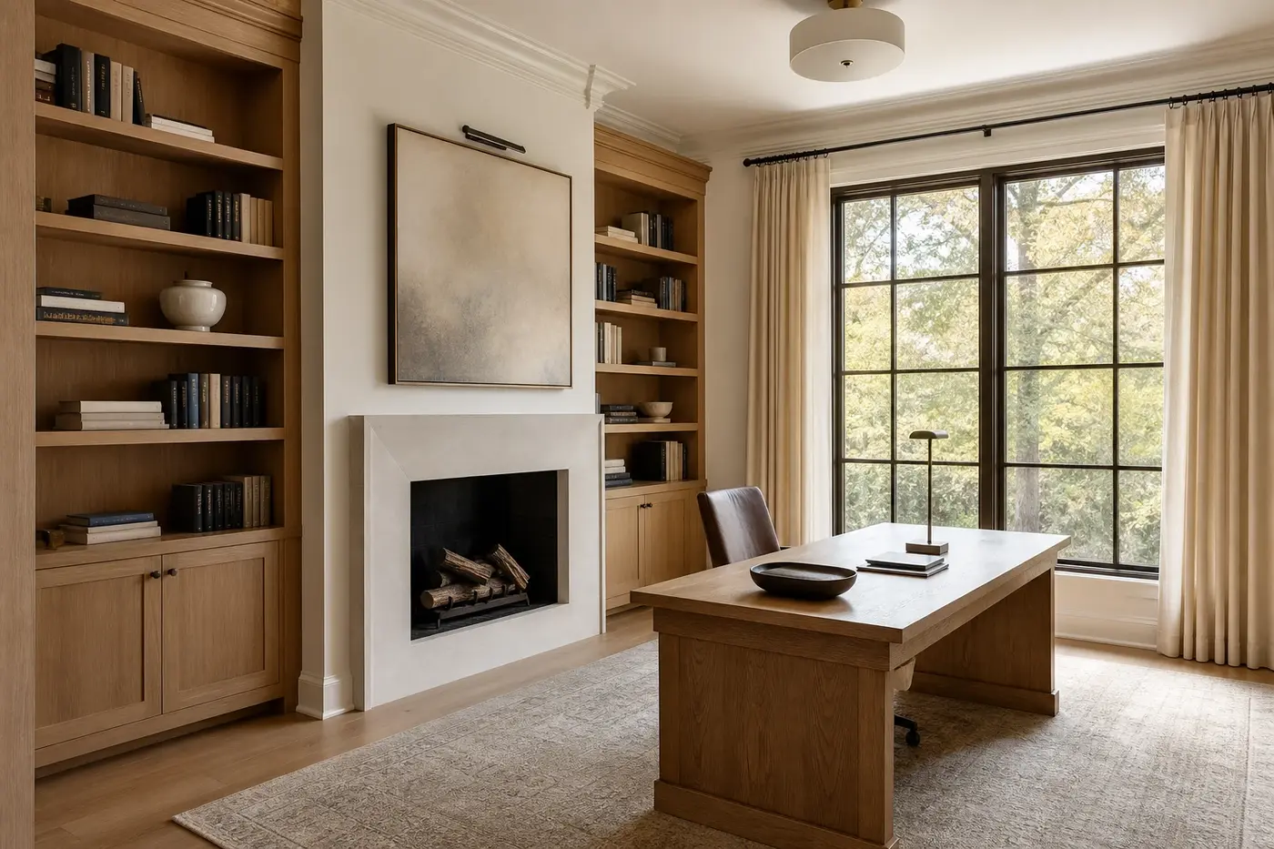Refined Charlotte home office with white oak library shelves, a limestone fireplace, and garden-facing windows