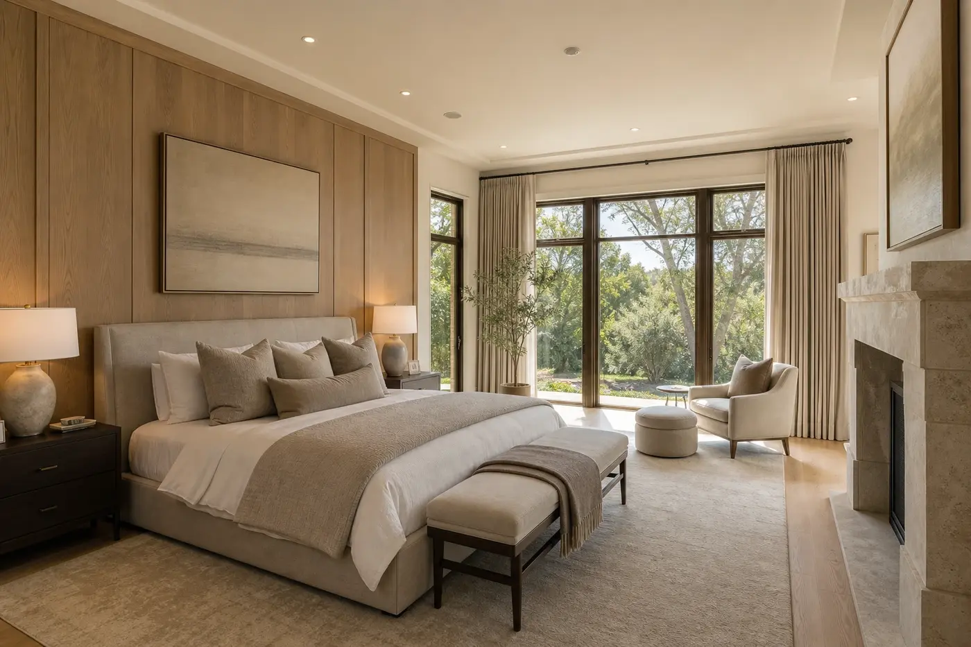 Serene luxury primary bedroom with white oak paneling, limestone fireplace, and garden-facing windows