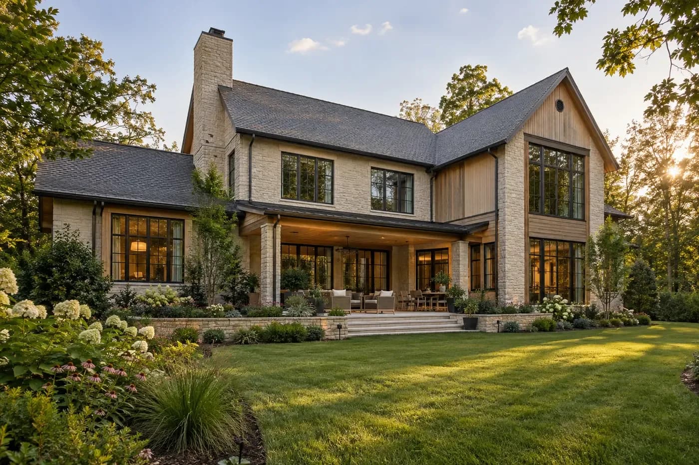 Illustrative Charlotte-area luxury custom home with deep overhangs, shaded windows, and a coordinated exterior envelope