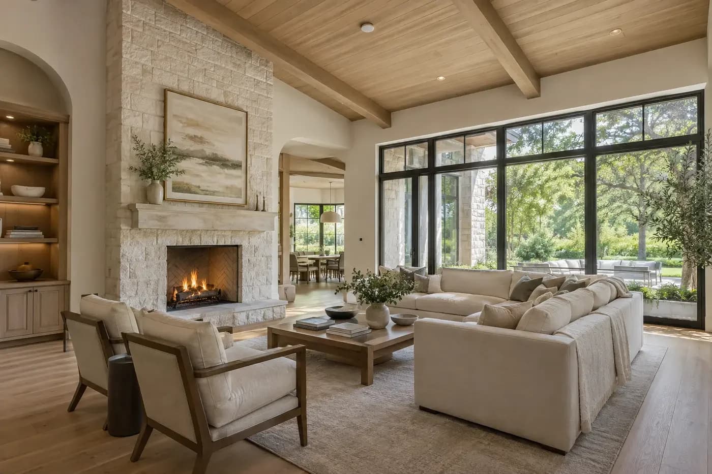 Illustrative luxury custom-home great room with a discreet ceiling-mounted wireless access point