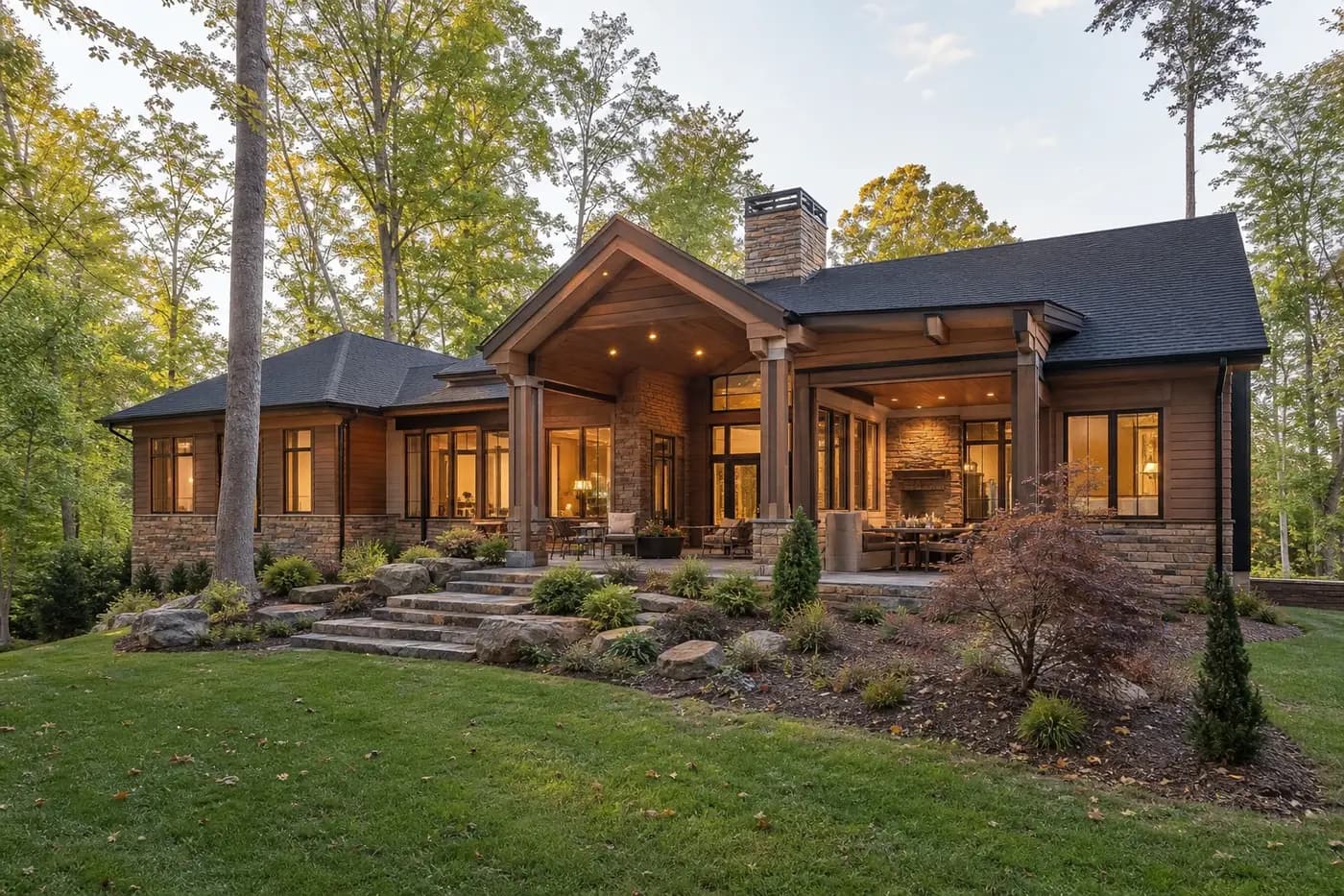 Garden side of a luxury Charlotte custom home stepping naturally with a gentle wooded grade