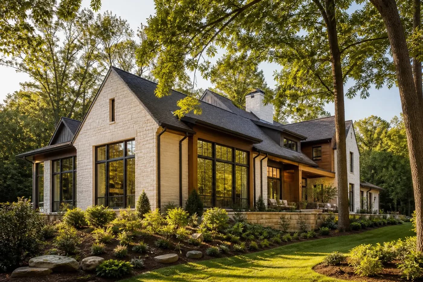 Luxury Charlotte custom home oriented toward mature trees and a private garden with controlled morning light