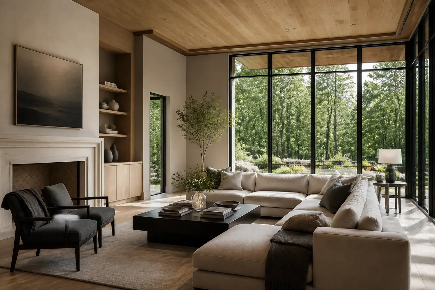 Luxury custom-home great room with carefully placed windows framing a private wooded Charlotte property