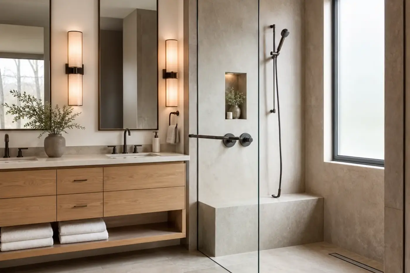 Luxury custom-home bathroom with a zero-threshold shower, integrated bench, clear entry, and warm natural light