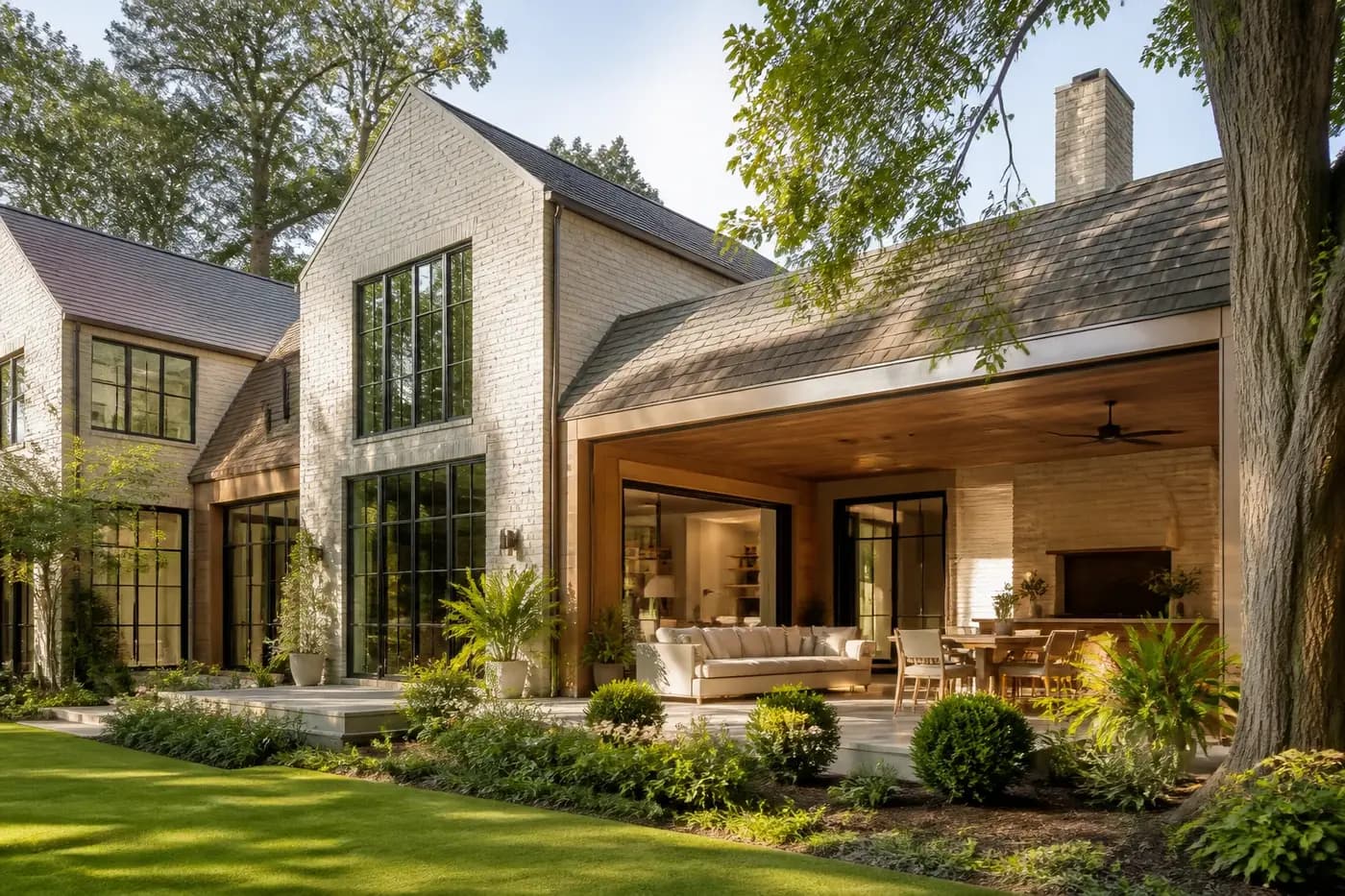 New Charlotte luxury custom home with connected living spaces, a covered garden room, and a calm residential floor plan