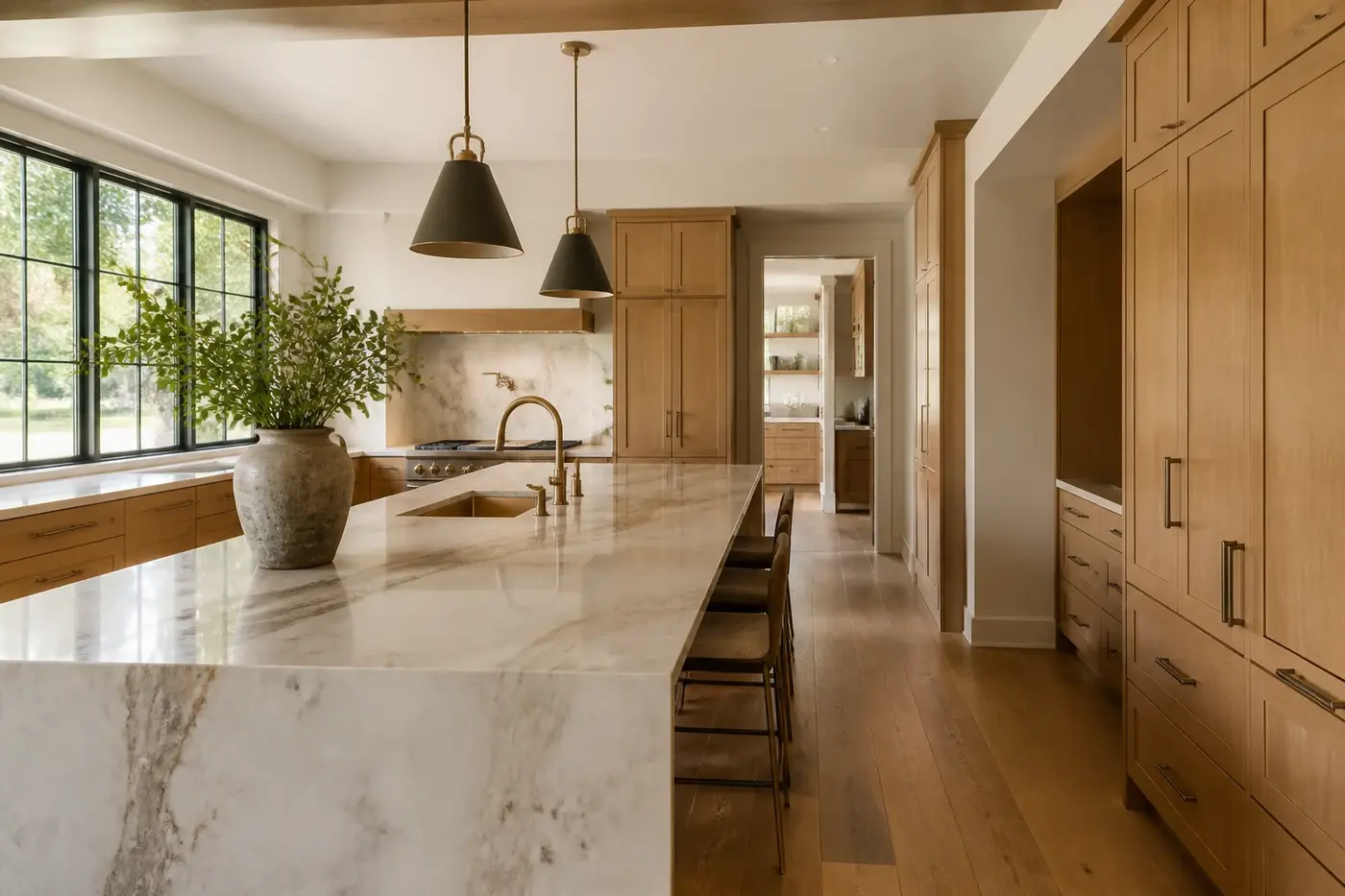 Luxury new-home kitchen with a clear route to a back kitchen and organized service storage