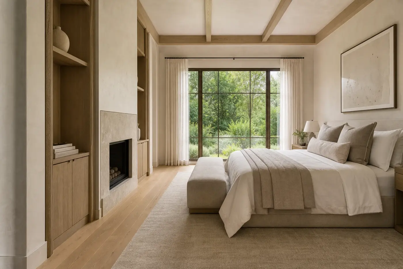 Secluded luxury primary bedroom with white oak millwork, a stone fireplace, and garden-facing windows