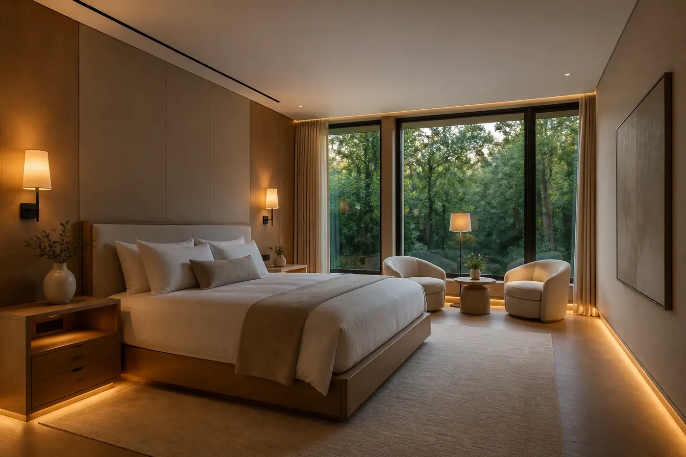 New Charlotte custom-home bedroom with coordinated bedside sconces, charging power, low-level lighting, and window-shade pockets