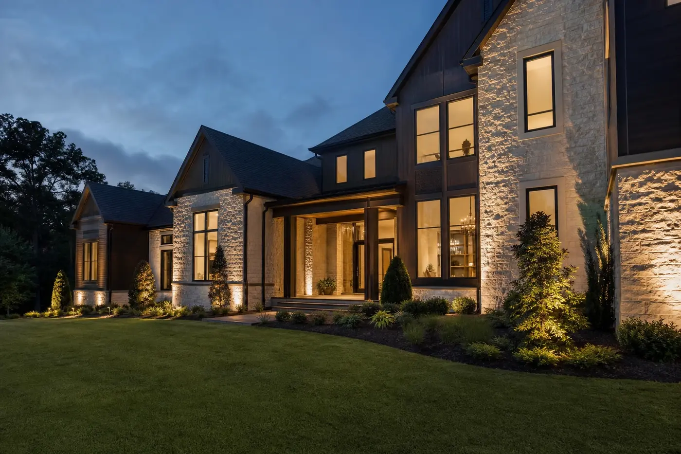 New Charlotte luxury custom home with layered architectural lighting planned across the exterior and interior