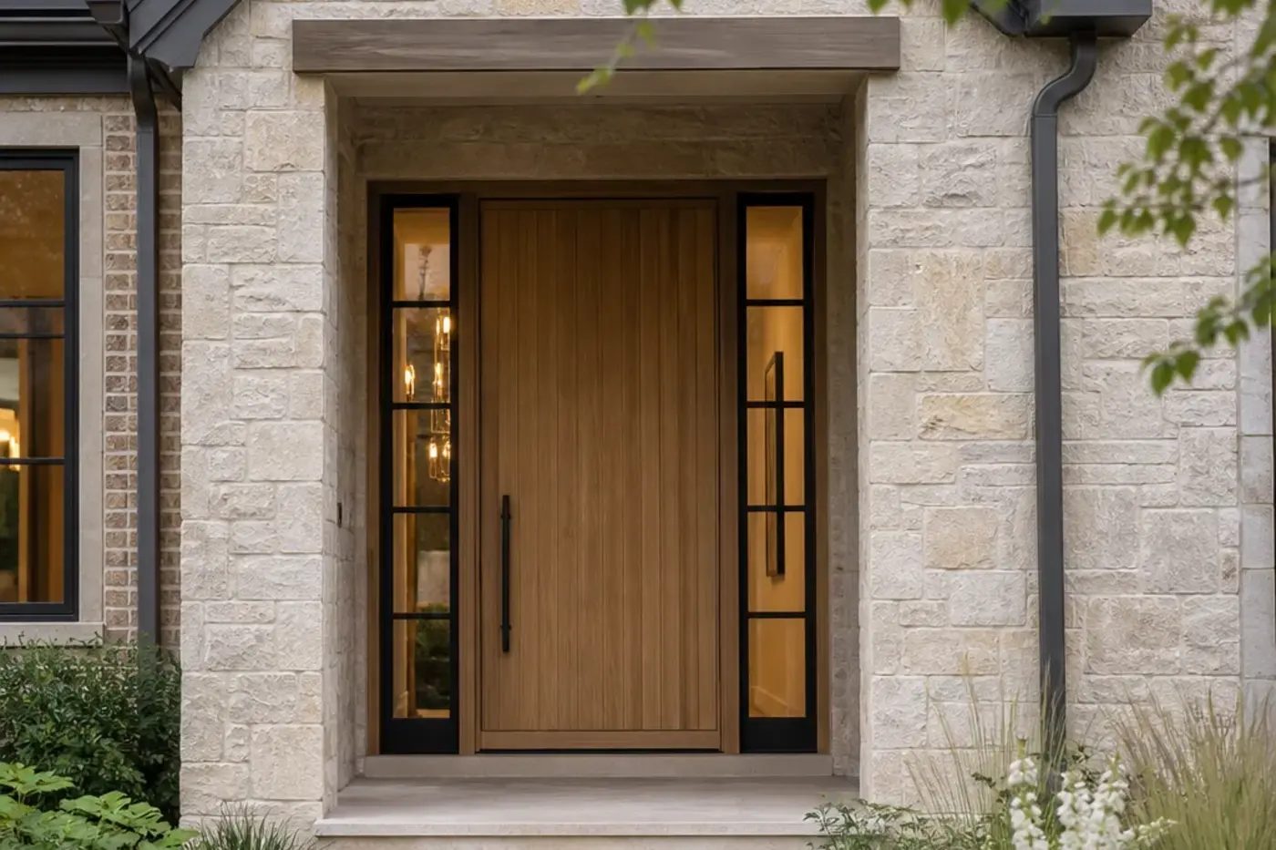 Sheltered wood front door with black-framed sidelights on a new Charlotte custom home