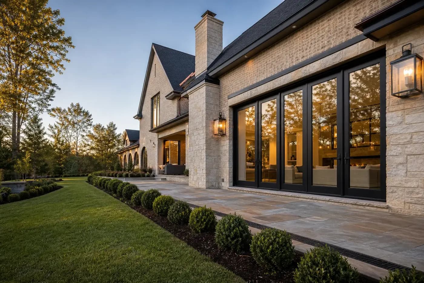 New Charlotte luxury custom home with coordinated black-framed exterior doors opening to a private garden terrace