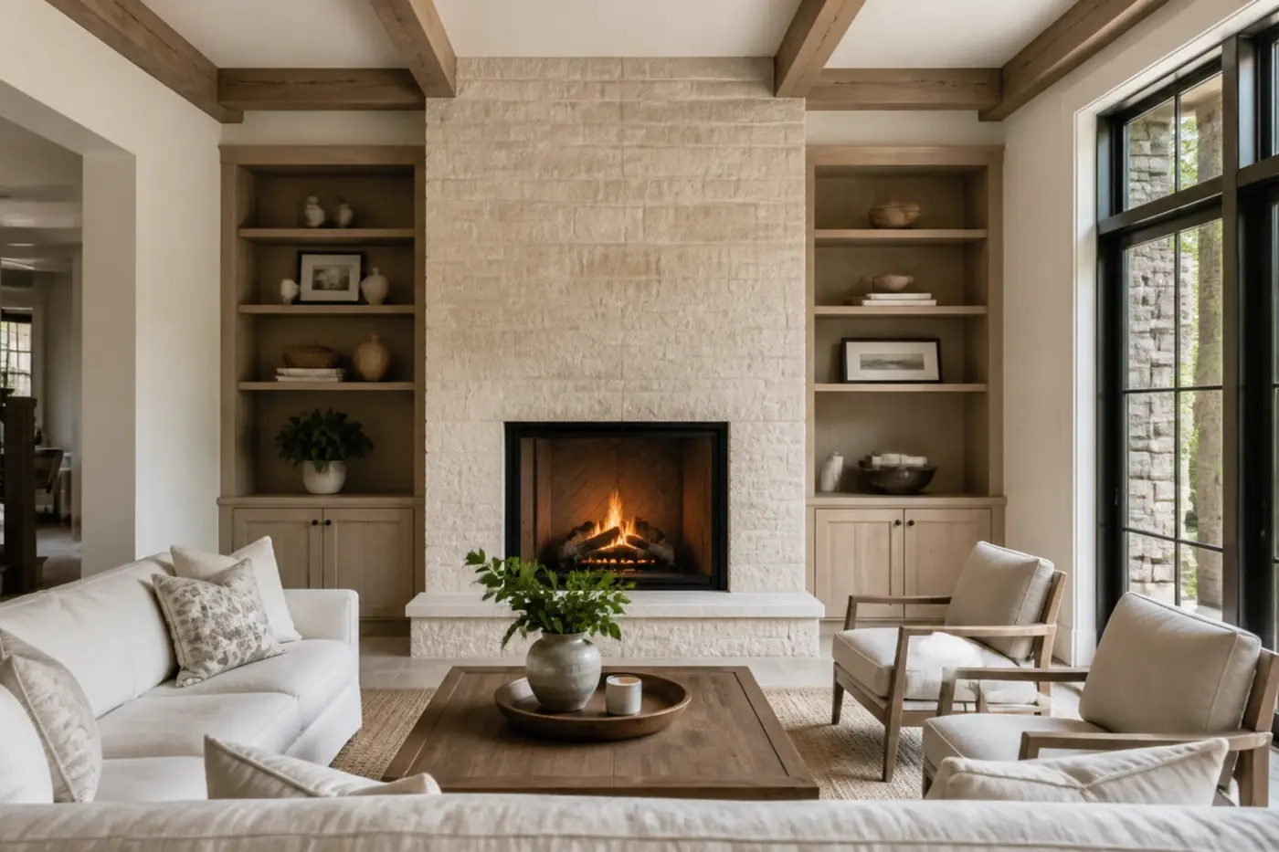 Limestone fireplace coordinated with white oak beams, built-in cabinetry, and seating in a new Charlotte custom home