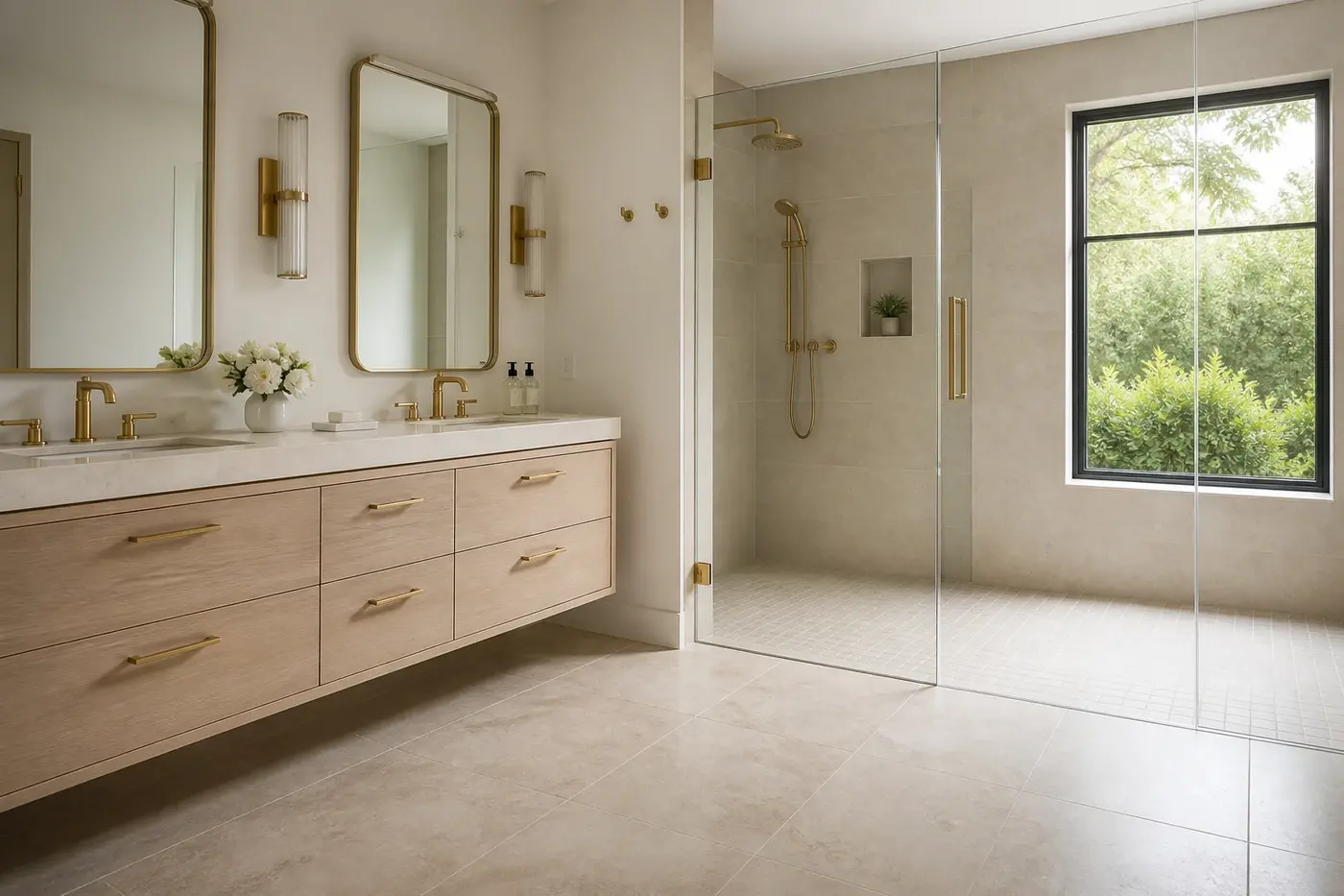 New luxury custom-home bathroom with large limestone floor tile and a coordinated smaller-format curbless shower floor