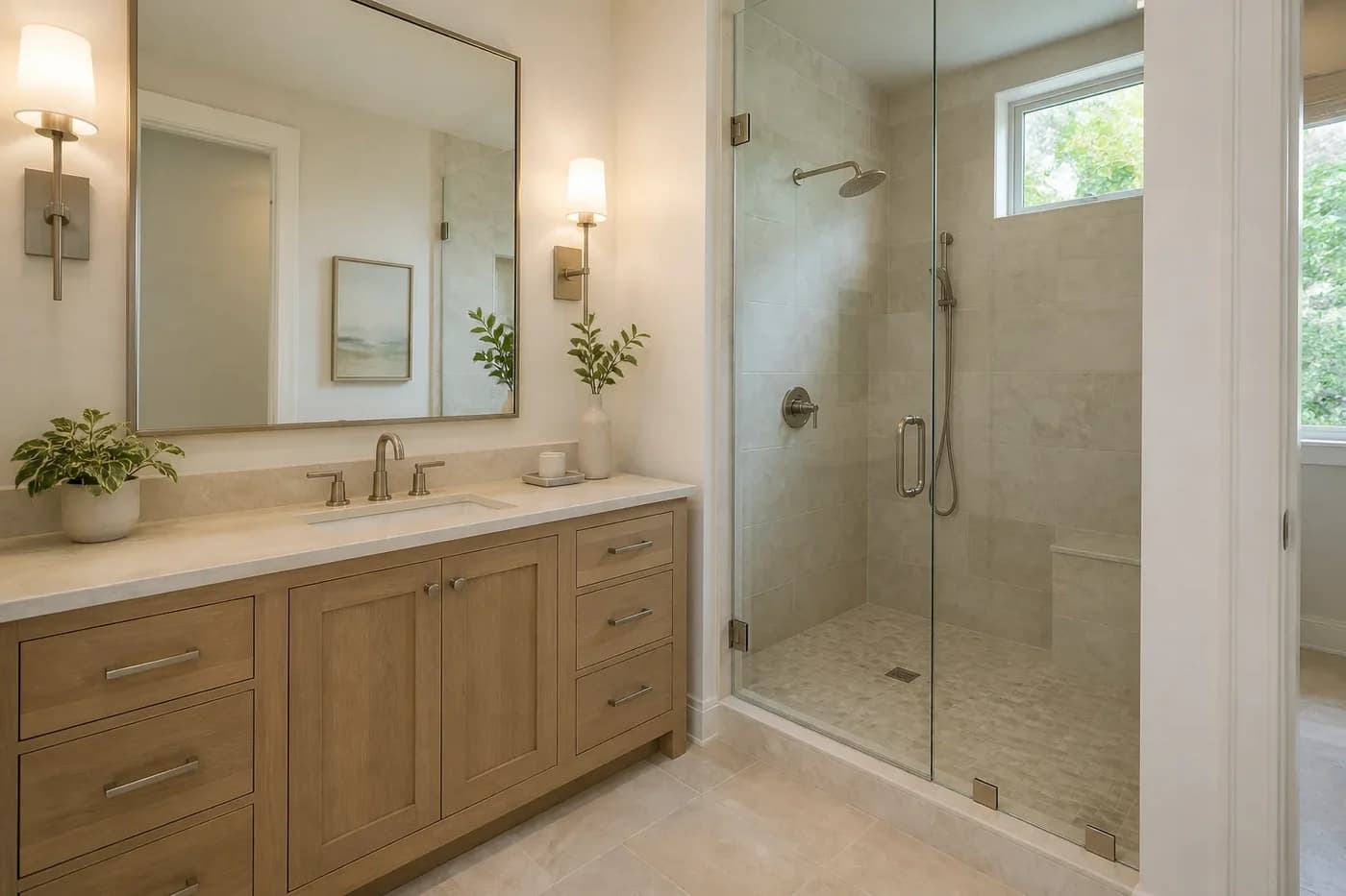 New luxury custom-home guest bathroom with a white oak vanity, limestone finishes, and a glass walk-in shower