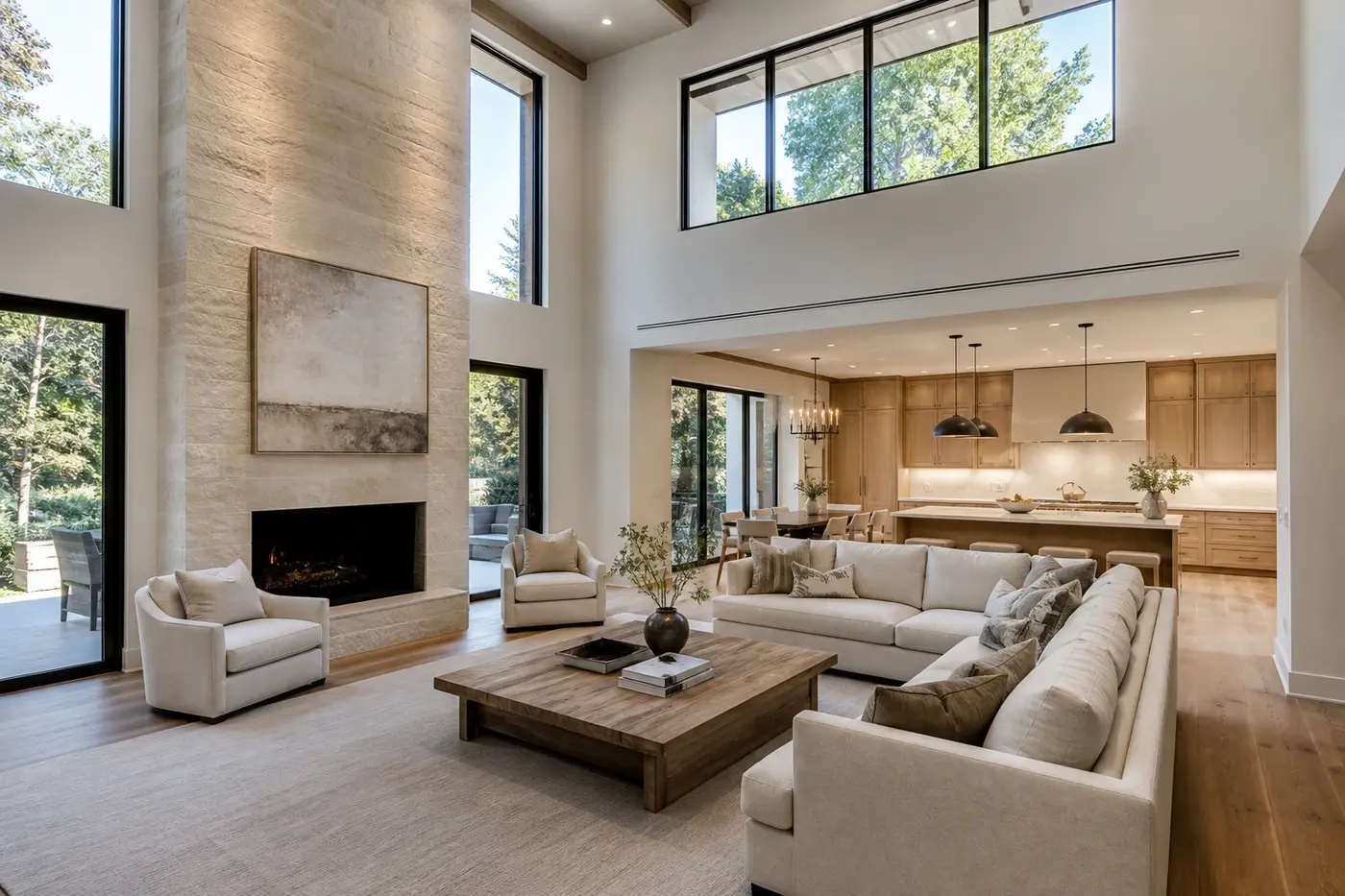 Double-height great room and kitchen in a new Charlotte custom home with distinct volumes and exposures