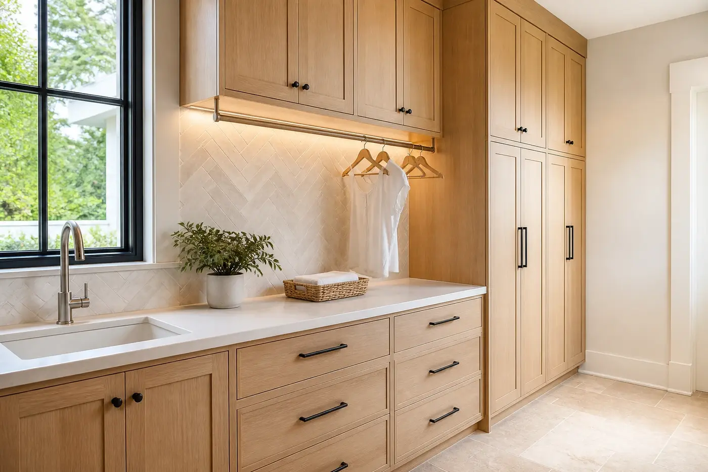 Luxury custom-home laundry utility wall with a sink, stone counter, hanging rail, task lighting, and full-height white oak storage