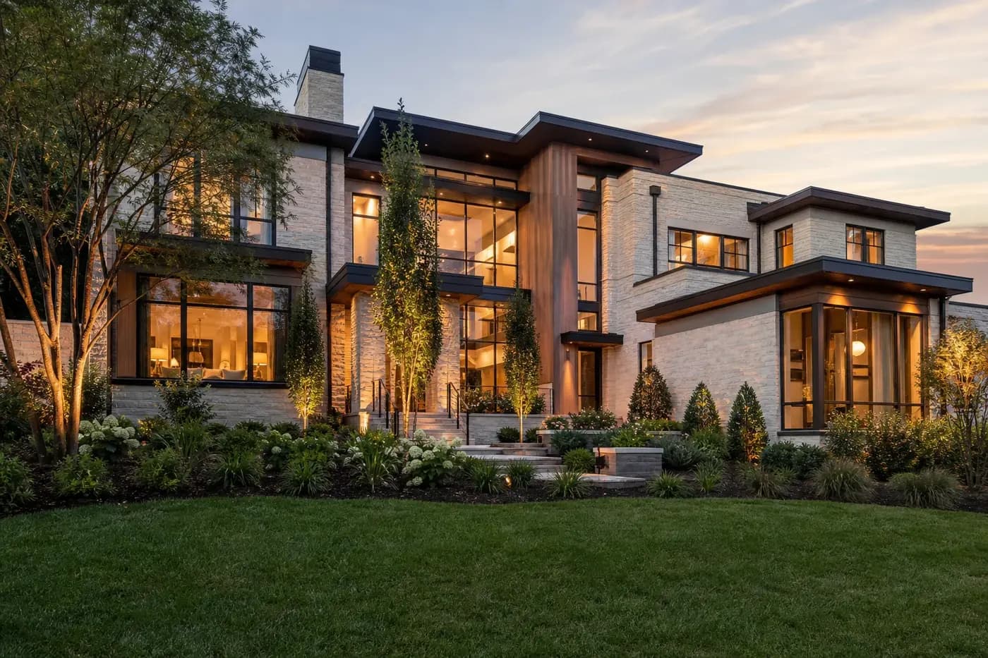 Contemporary luxury custom home with limestone, warm wood, expansive glass, and landscaped gardens at sunset