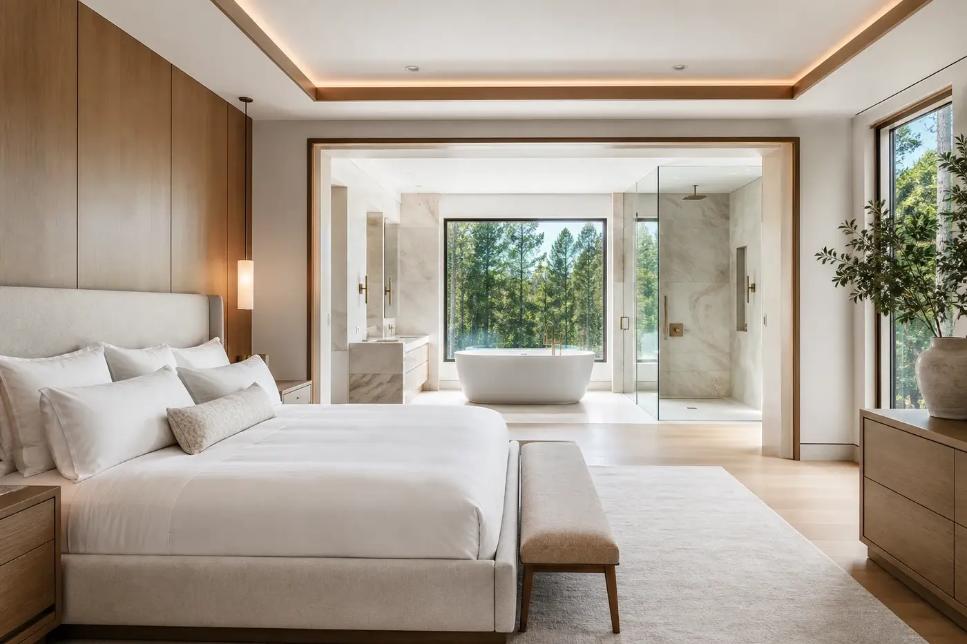 Serene luxury primary suite opening to a stone spa bathroom with a soaking tub and woodland view