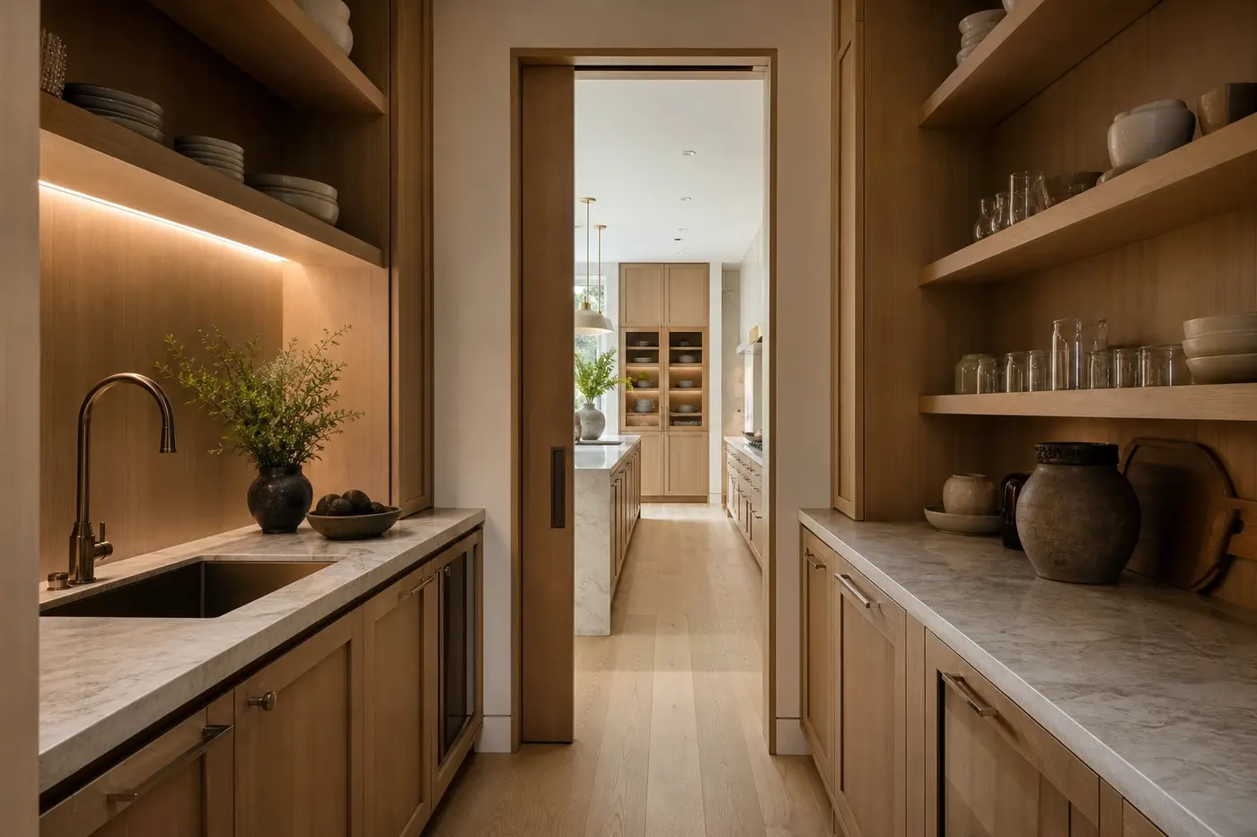 White oak scullery with a sink, stone counters, open storage, and a pocket doorway to the main kitchen