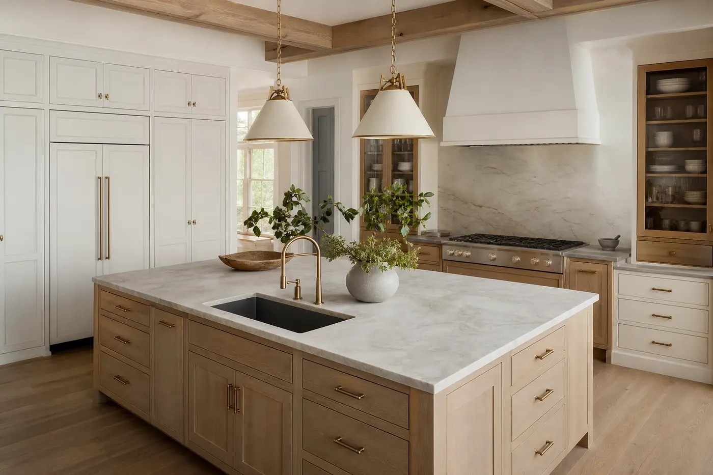 Custom luxury kitchen with a large prep island, integrated storage, range wall, and clear work aisles
