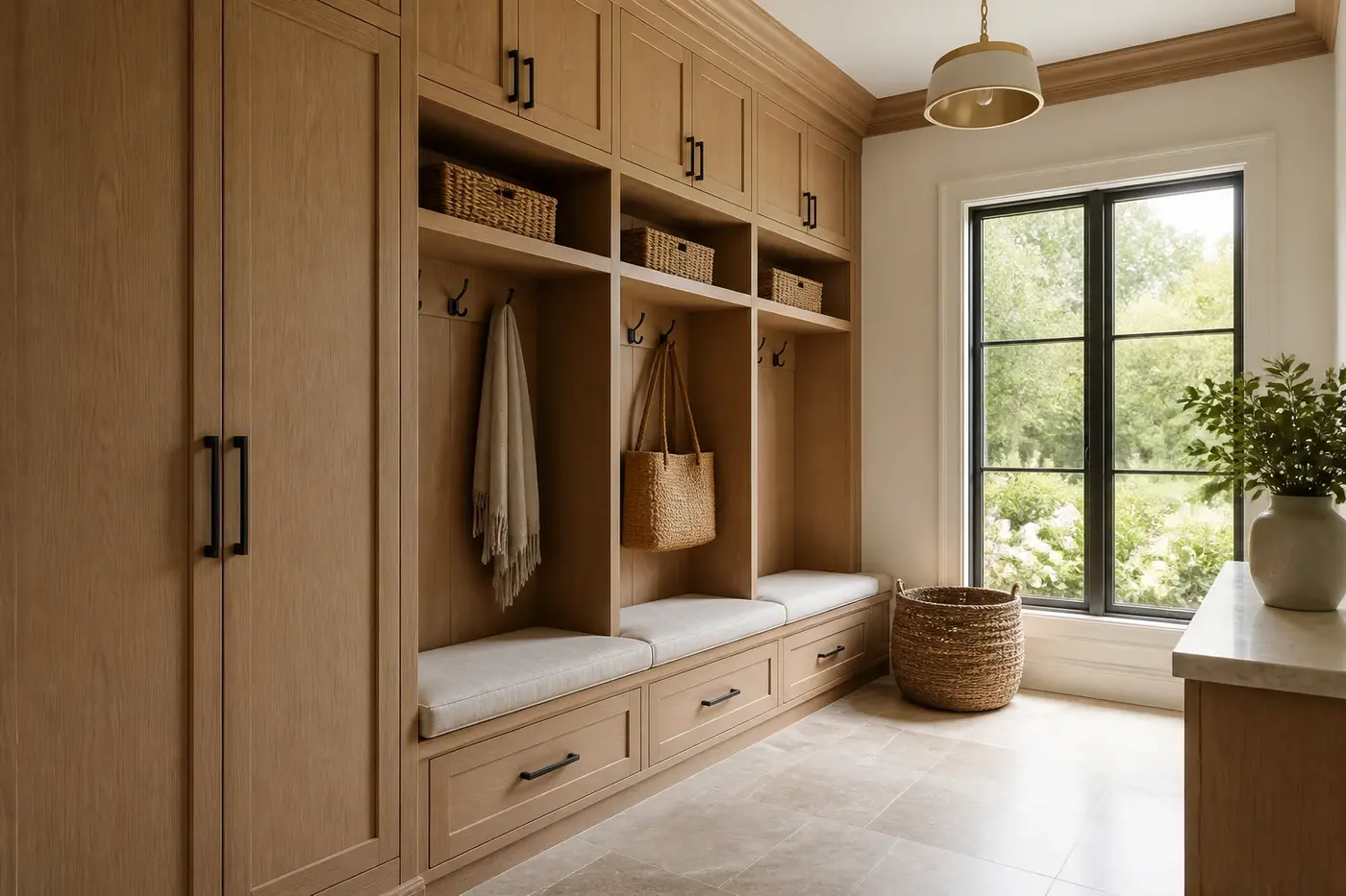 New Charlotte luxury custom-home mudroom with white oak built-ins, a long bench, concealed storage, limestone flooring, and a garden window