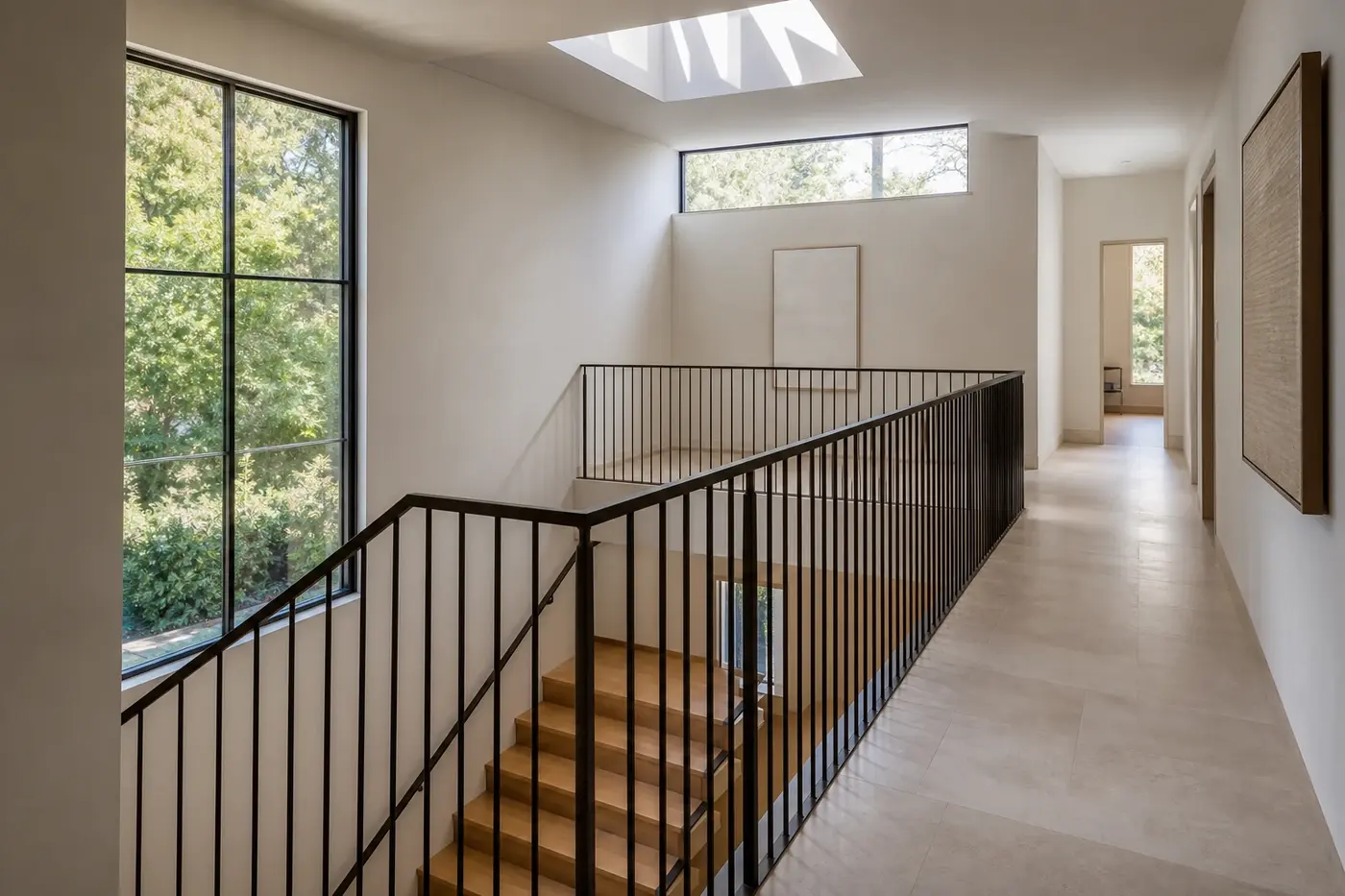 Luxury stair gallery illuminated by a tall window, clerestory glazing, and a restrained skylight