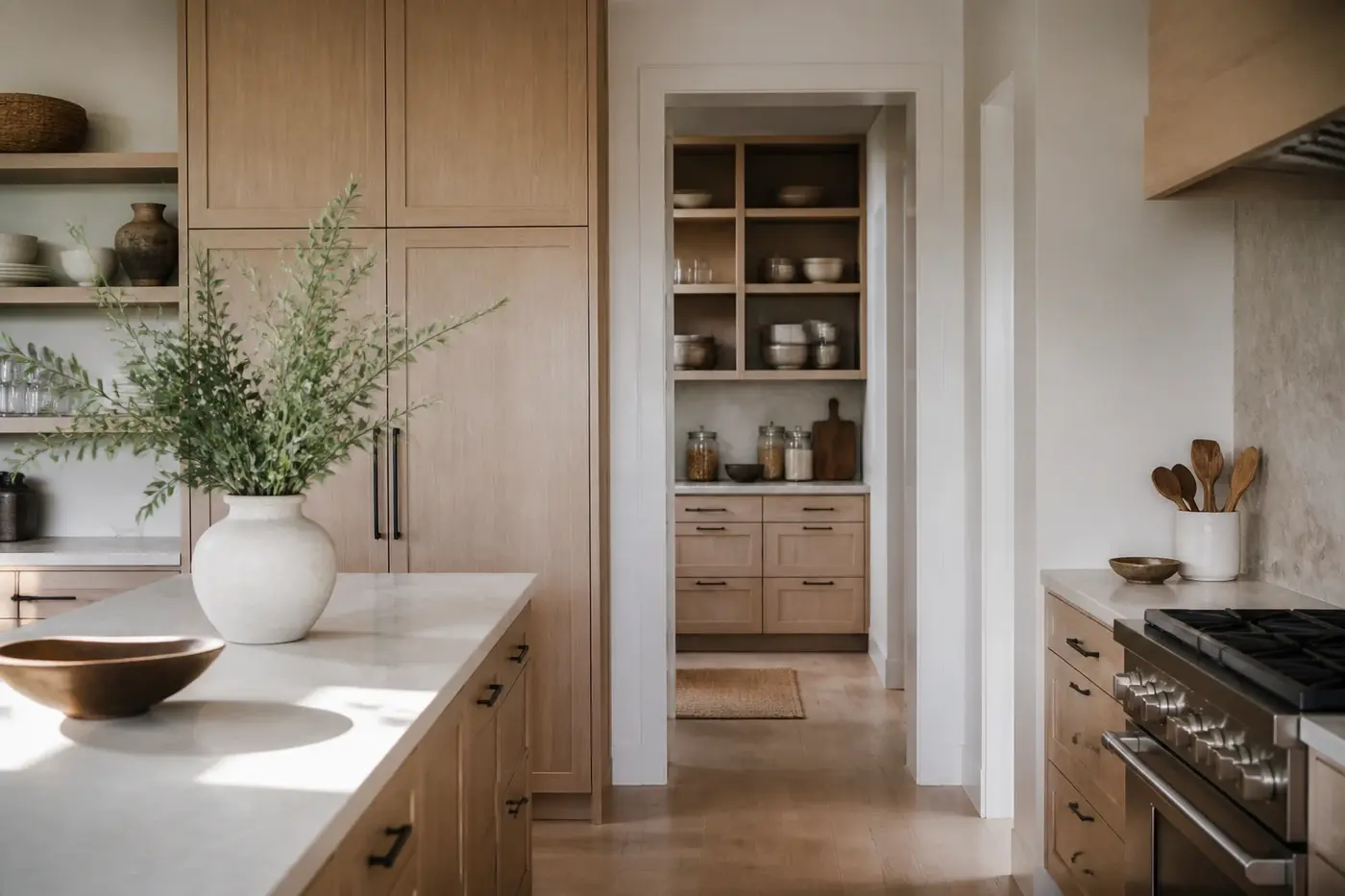 New Charlotte luxury custom-home kitchen with white oak cabinetry and a coordinated walk-in pantry beyond