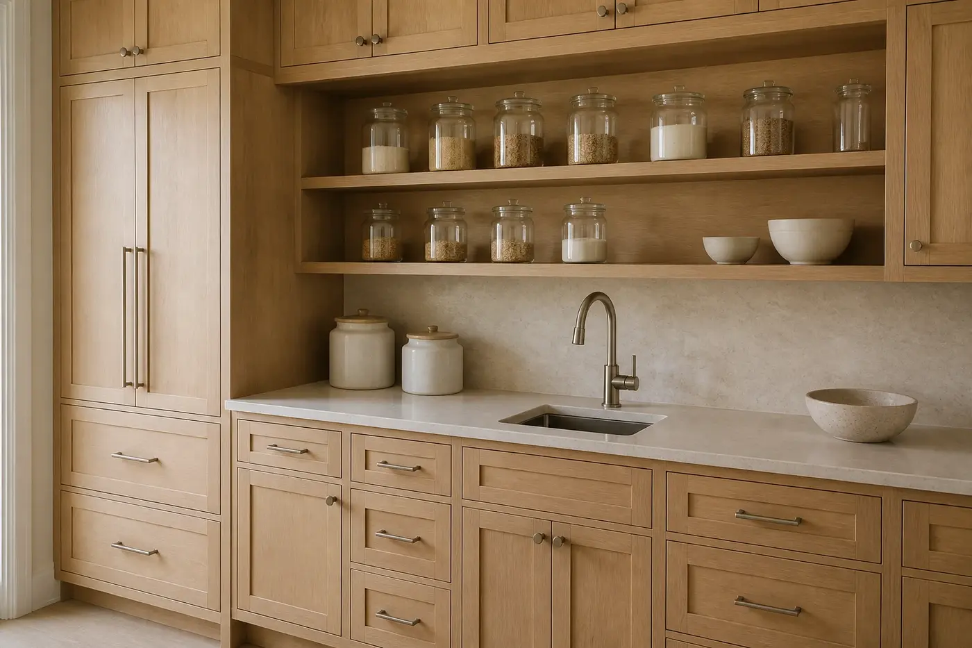 New custom-home pantry prep wall with white oak cabinetry, pale stone counter, open shelves, and a small sink