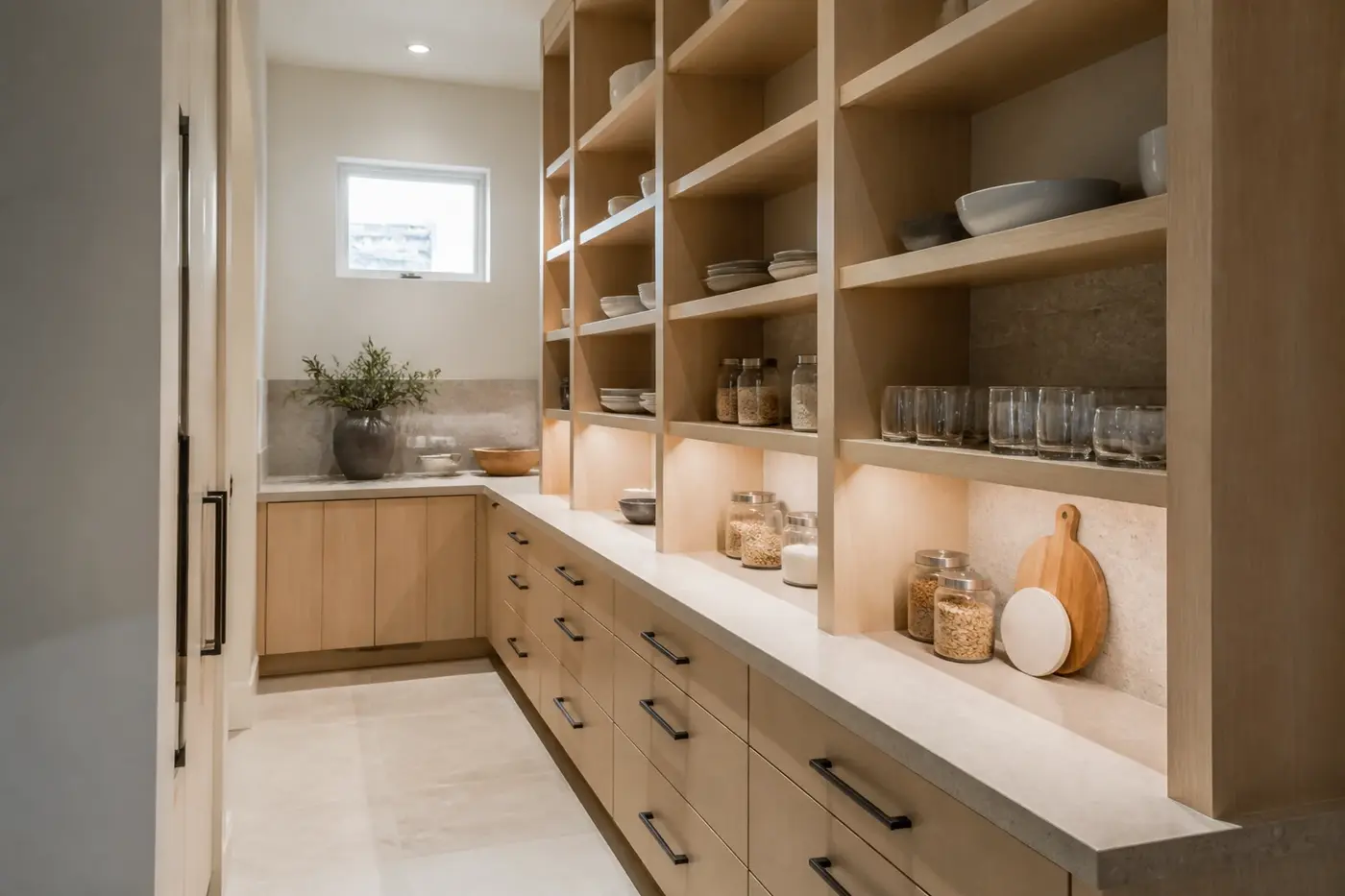 New luxury custom-home walk-in pantry with a clear aisle, white oak shelving, drawers, and stone counters