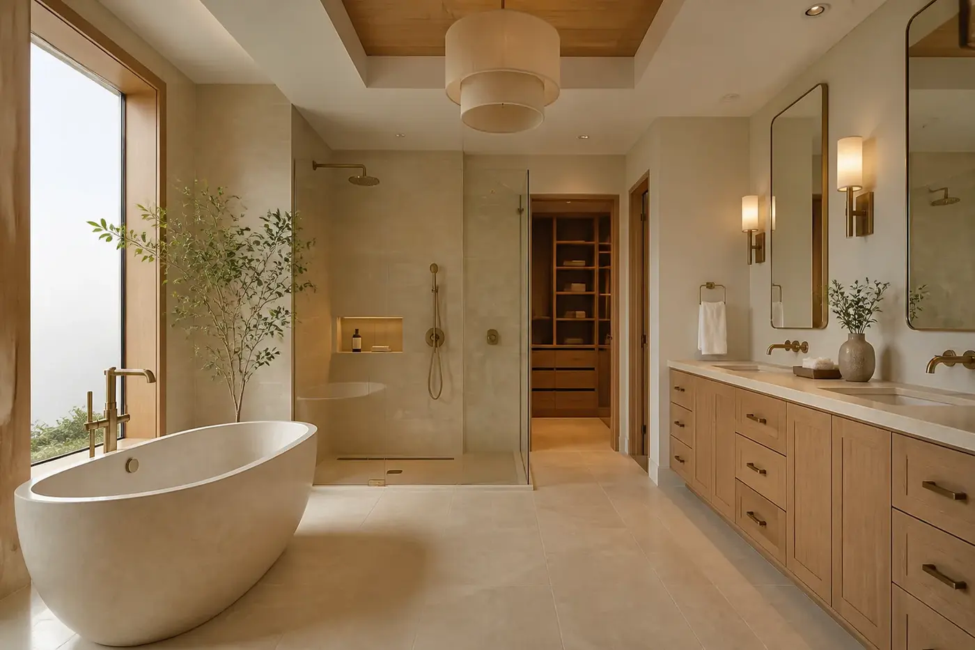 Luxury Charlotte custom-home bathroom with coordinated tub, shower, double vanity, faucets, and glazing