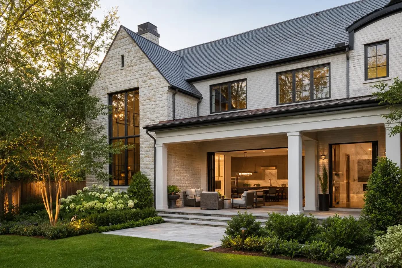 New Charlotte luxury custom home with kitchen and bath spaces coordinated into the garden-facing architecture