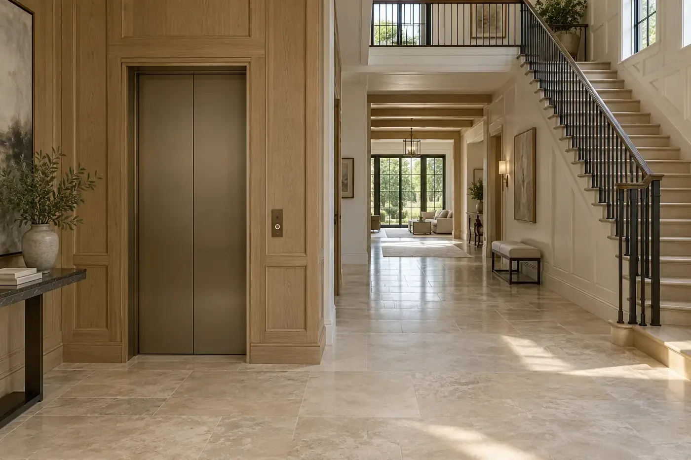 Illustrative luxury custom-home main hall with a private residential elevator beside the primary stair