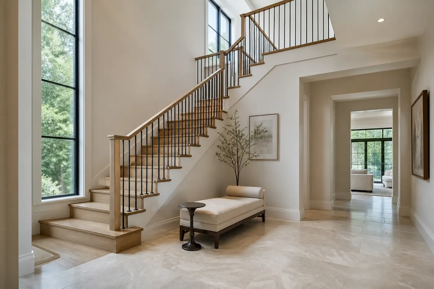 White oak staircase with dark metal balusters, a generous landing, and tall windows in a new Charlotte luxury custom home