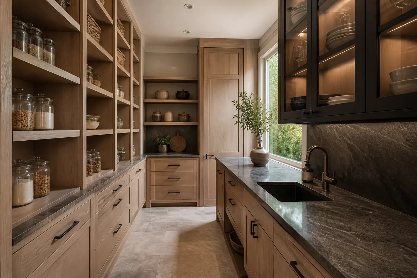 New luxury custom-home pantry with white oak shelves, closed cabinetry, stone counters, and a garden-facing window