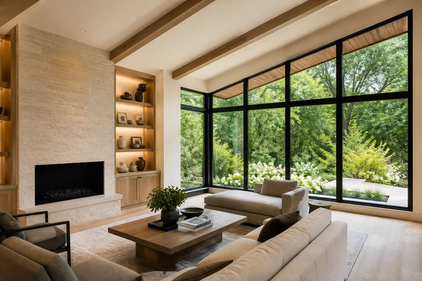 Luxury Charlotte custom-home great room with floor-to-ceiling windows, deep roof shade, and a private garden view