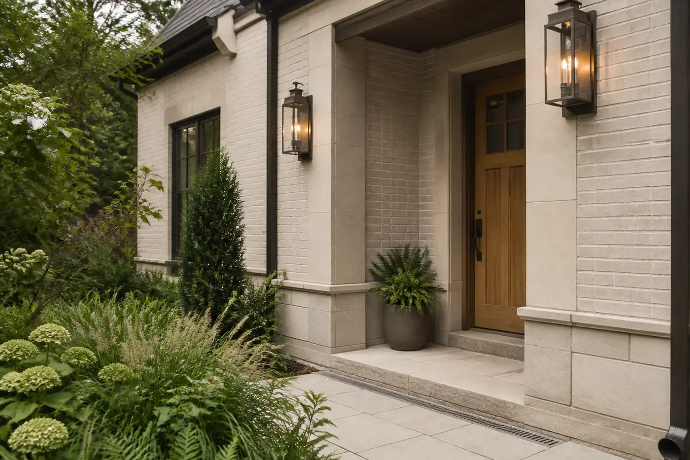 Finished custom-home garden entry showing coordinated masonry, roof drainage, sheltered threshold, and durable paving