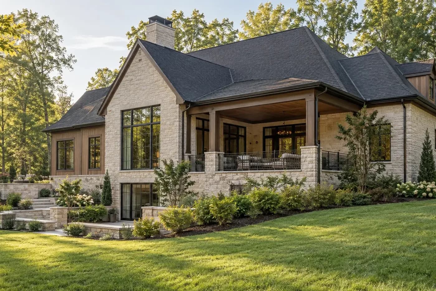 Illustrative Charlotte-area luxury custom home designed into a gentle landscaped grade
