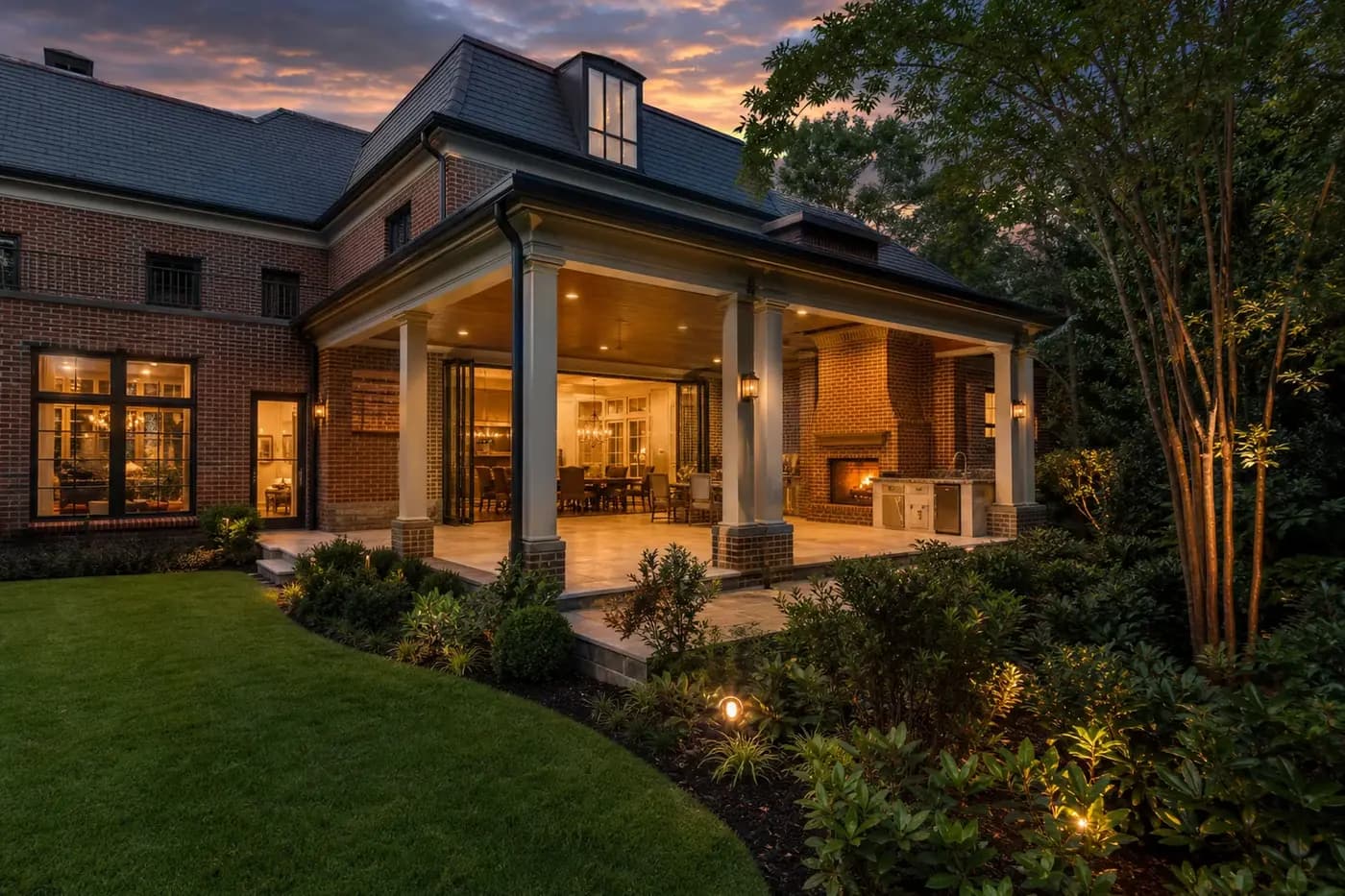 Seamless brick addition with a covered outdoor living terrace, fireplace, summer kitchen, and mature landscaping