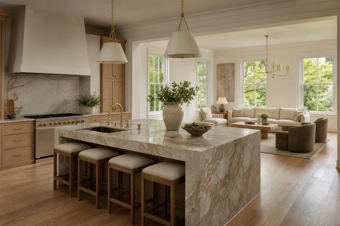 Renovated luxury kitchen and family room with white oak cabinetry, natural stone, brass fixtures, and garden windows