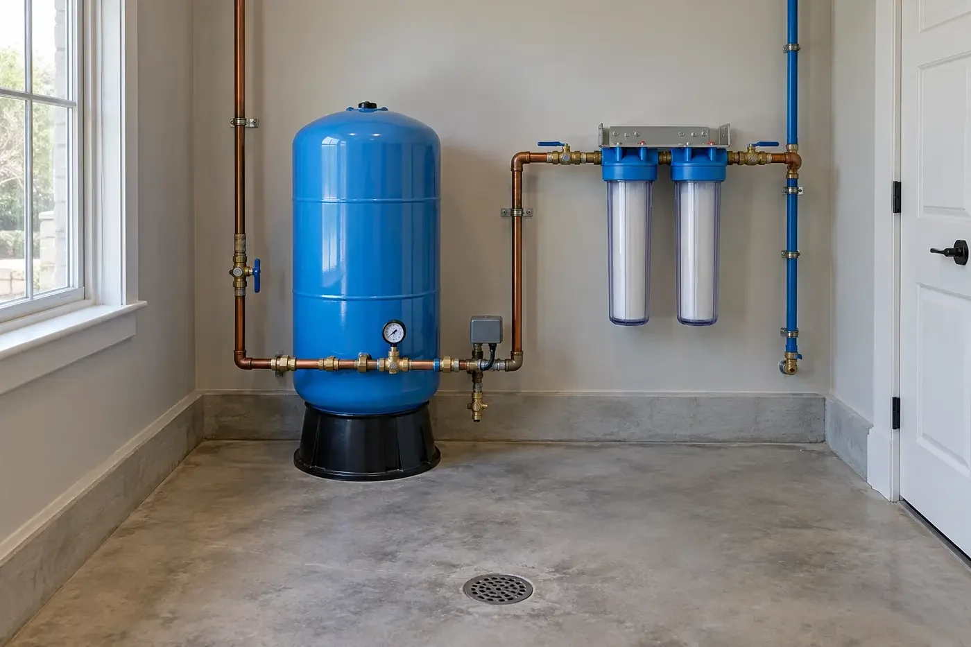 Illustrative residential well pressure tank and filtration equipment in a clean utility room