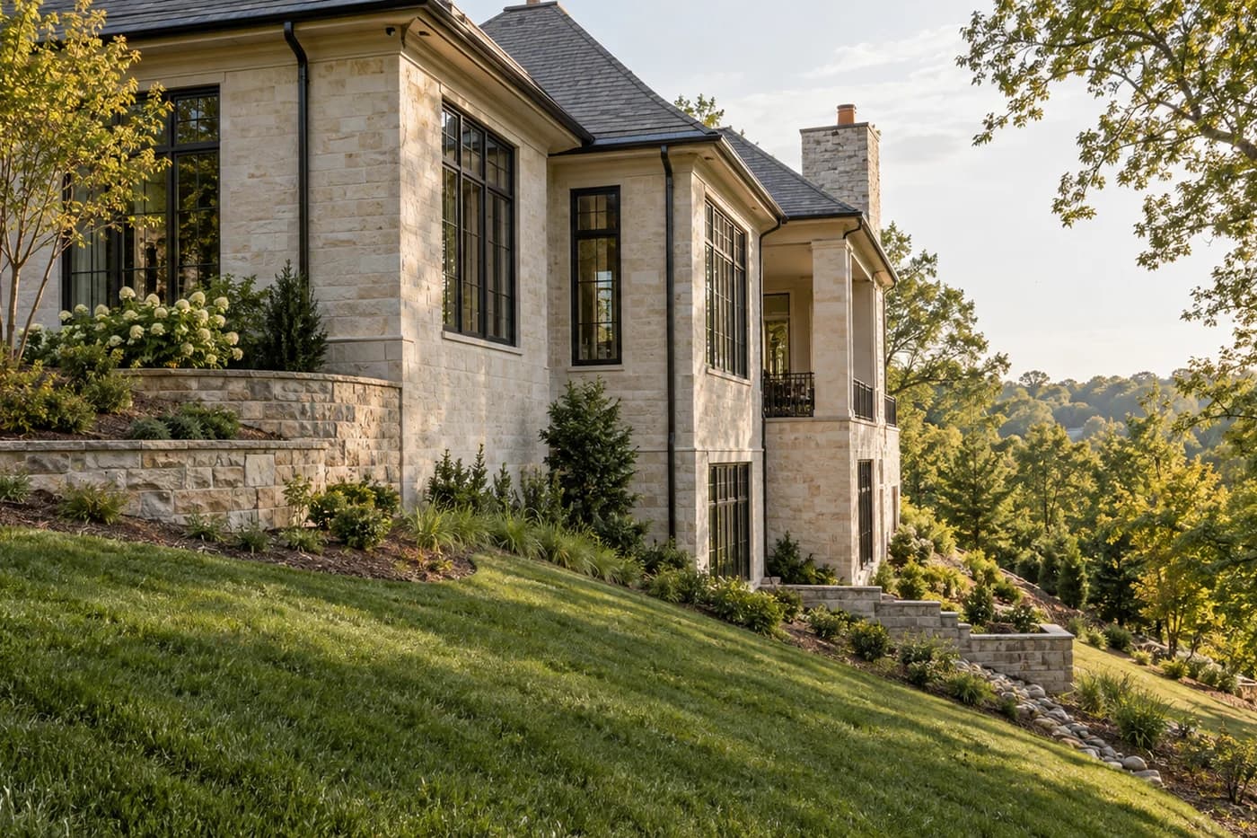 Illustrative luxury custom home coordinated with a sloping Charlotte-area lot and stepped foundation