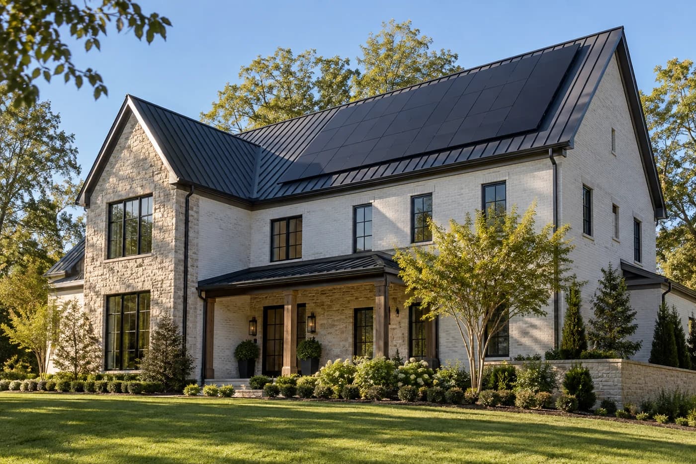 Illustrative luxury custom home with a simple dark roof plane and a coordinated rooftop solar array