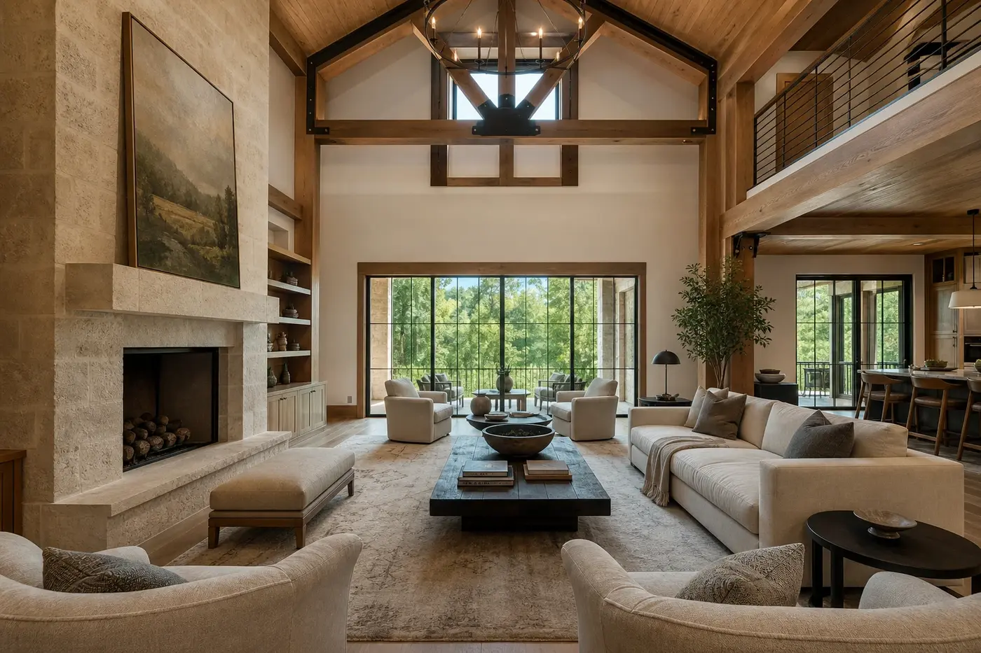 Finished double-height custom-home great room with coordinated timber structure, stone fireplace, windows, and upper gallery
