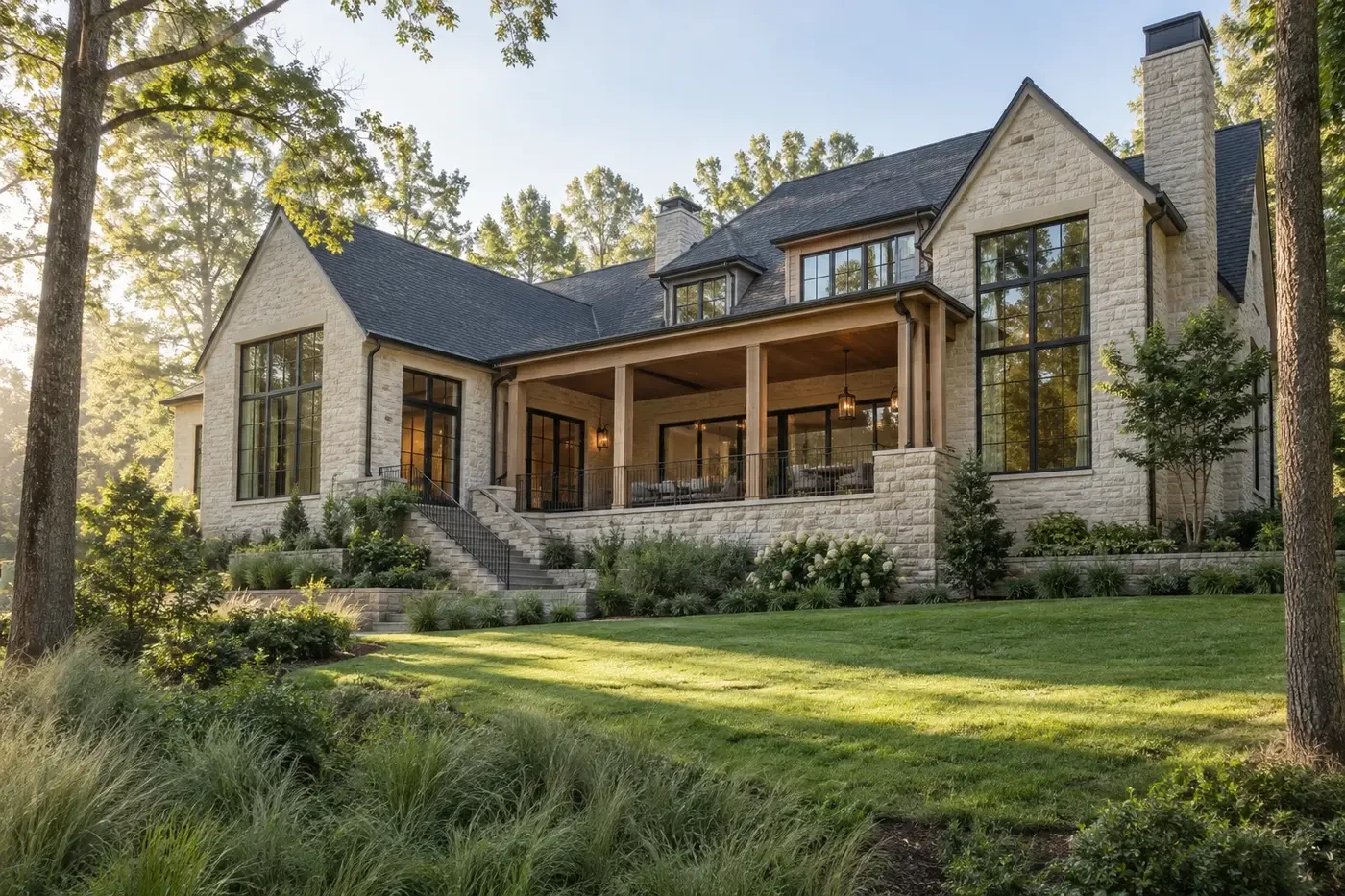 Illustrative luxury custom home coordinated with a wooded sloping Charlotte-area property