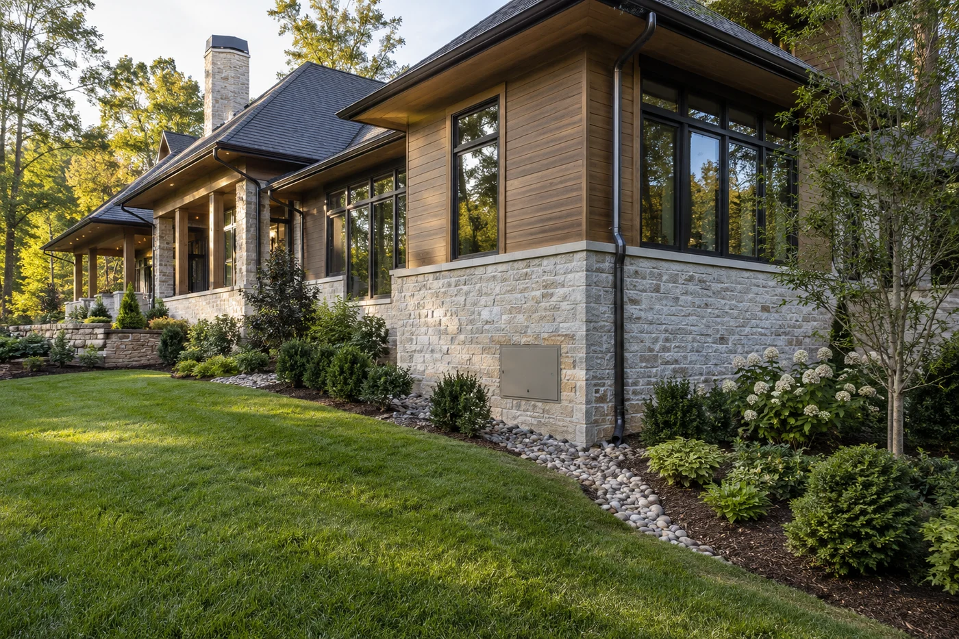 Illustrative luxury custom home with a raised main floor and masonry crawlspace foundation integrated into landscaped grade