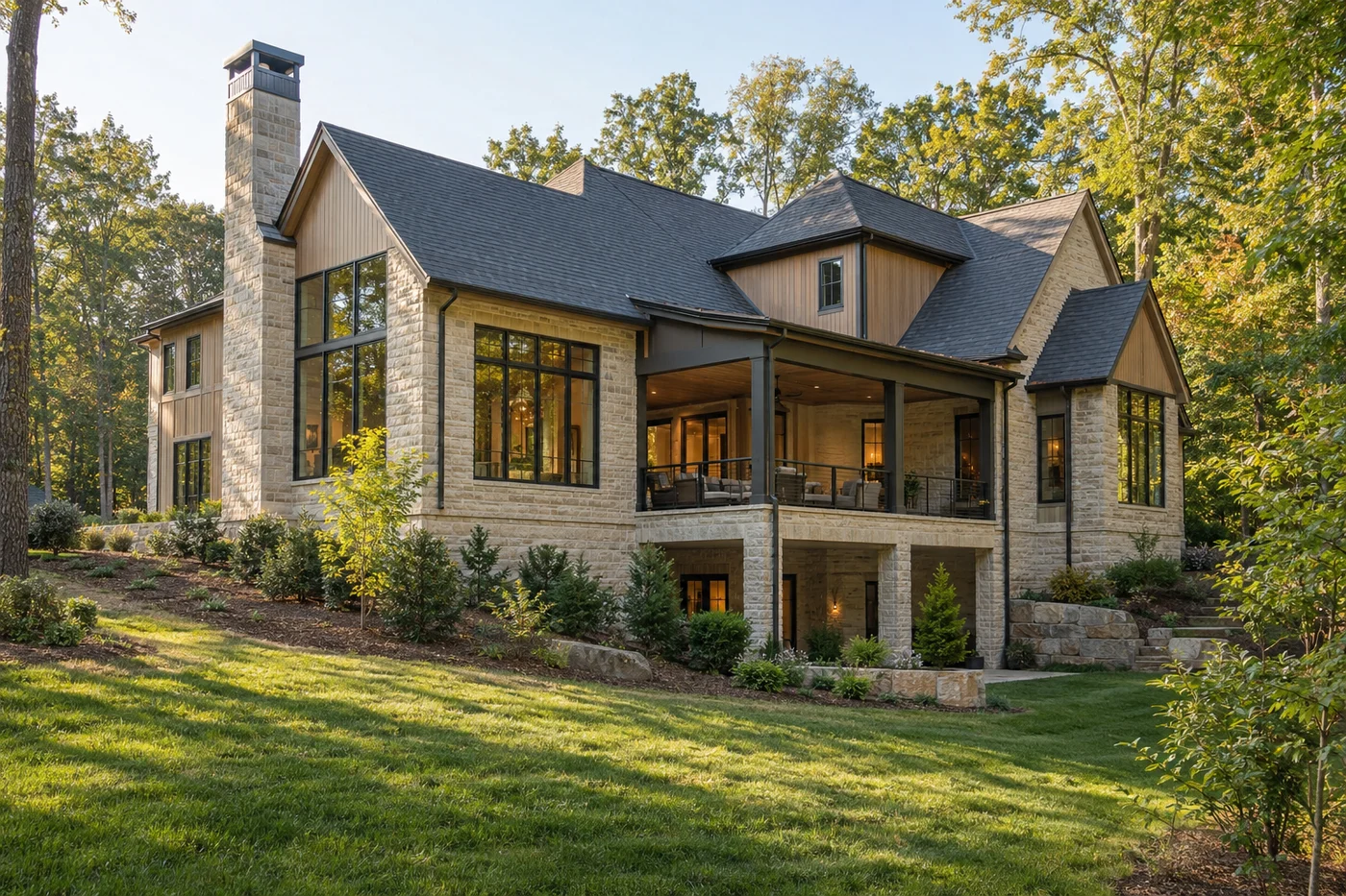 Illustrative luxury Charlotte-area custom home integrated with a changing grade and stepped masonry foundation